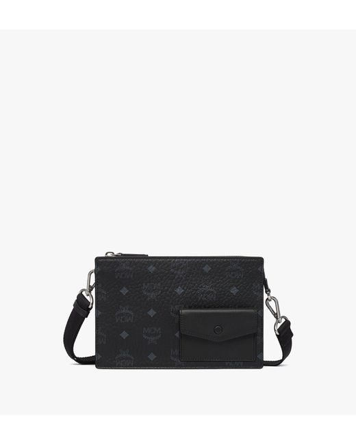 MCM Black Aren Standing Crossbody Pouch In Visetos for men