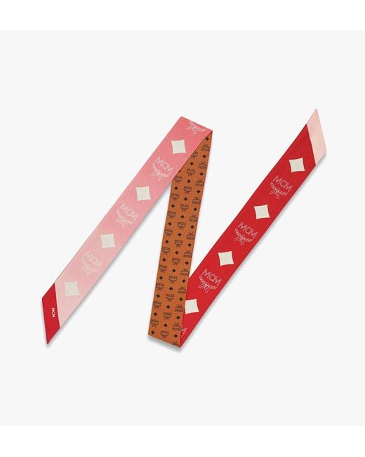 MCM Red Reversible Monogram Print Petite Scarf In Organic Silk