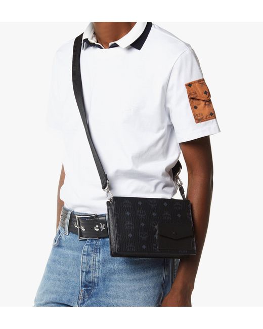 MCM Black Aren Standing Crossbody Pouch In Visetos for men