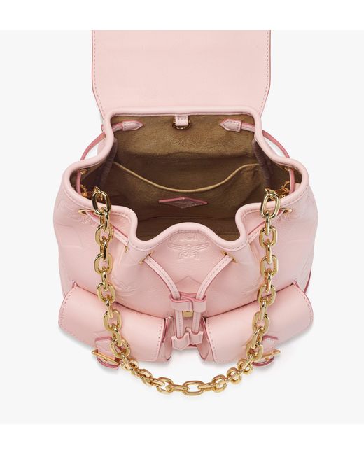 MCM Pink Aren Drawstring Backpack In Maxi Monogram Leather