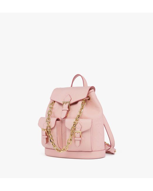 MCM Pink Aren Drawstring Backpack In Maxi Monogram Leather