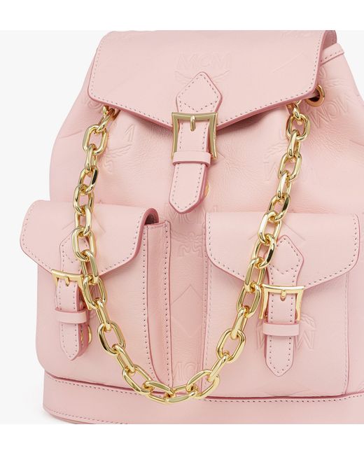 MCM Pink Aren Drawstring Backpack In Maxi Monogram Leather