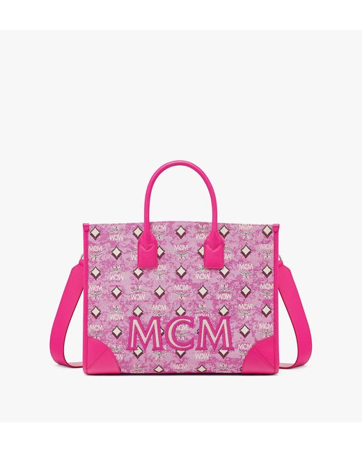 MCM Leather München Tote In Vintage Monogram Jacquard in Pink | Lyst