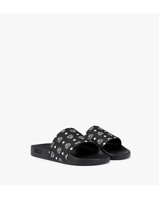 MCM Black Monogram Print Rubber Slides