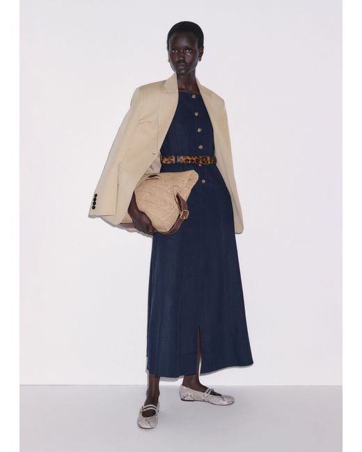 ME+EM Blue Crease-Less Linen Button Front Maxi Dress + Belt