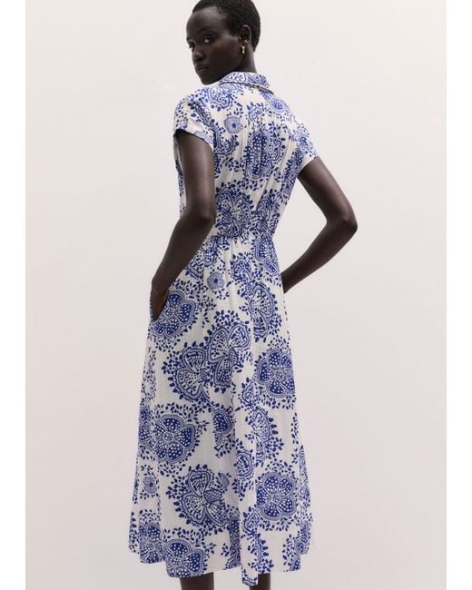 ME+EM Blue Cheesecloth Fit & Flare In-Full-Bloom Print Midi Dress Soft