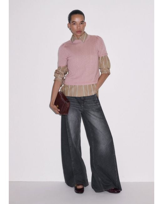 ME+EM Pink Merino Cashmere Silk Pouf Sleeve Knit Tee