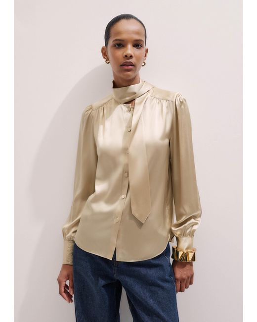 ME+EM Blue Silk Satin Tie Neck Blouse
