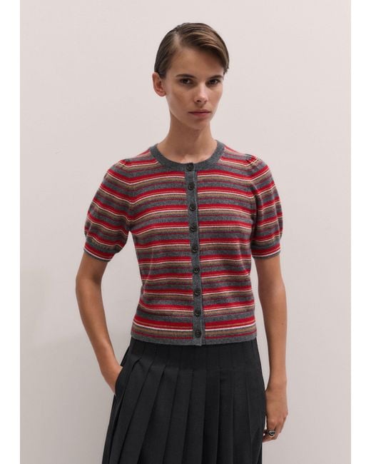 ME+EM Multicolor Pouf Sleeve Striped Cashmere Button Through Tee