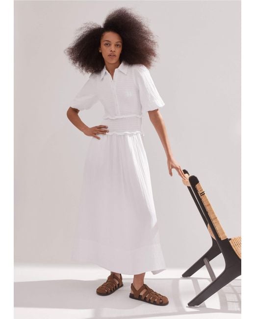 ME+EM Natural Cheesecloth Shirred Maxi Shirt Dress