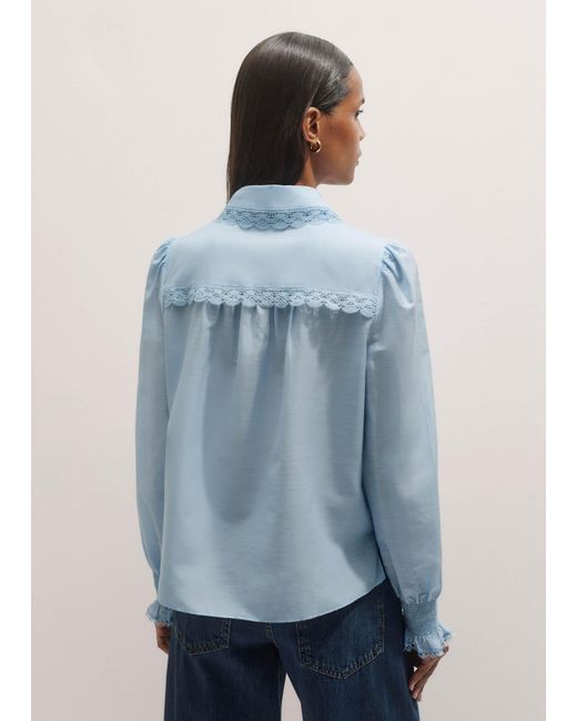 ME+EM Blue Silk Cotton Lace Trim Straight Blouse