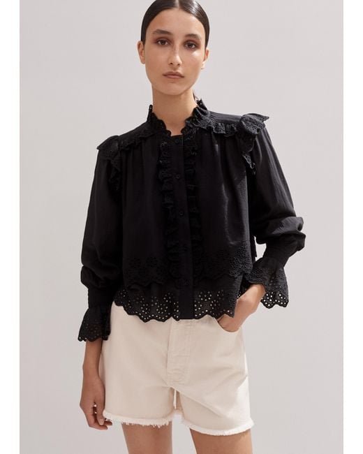 ME+EM Black Cotton Broderie Ruffle Cropped Top