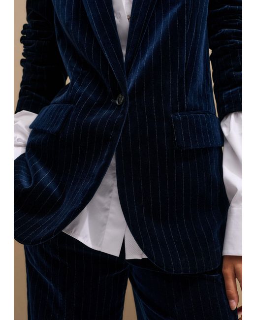 ME+EM Blue Pinstripe Velvet Sharp Shoulder Blazer