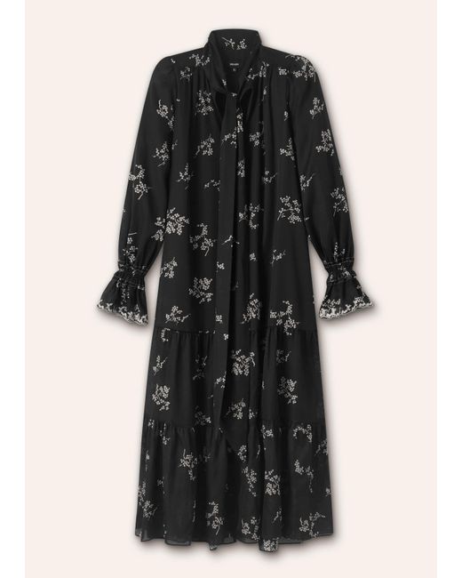 ME+EM Black Silk Organza Cherry Blossom Print Maxi Dress/Light Cream