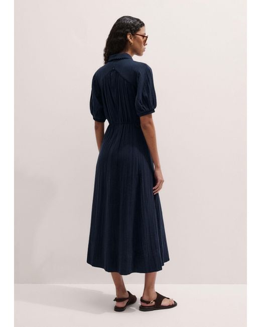 ME+EM Blue Fit & Flare Cheesecloth Intricate Detail Midi Dress