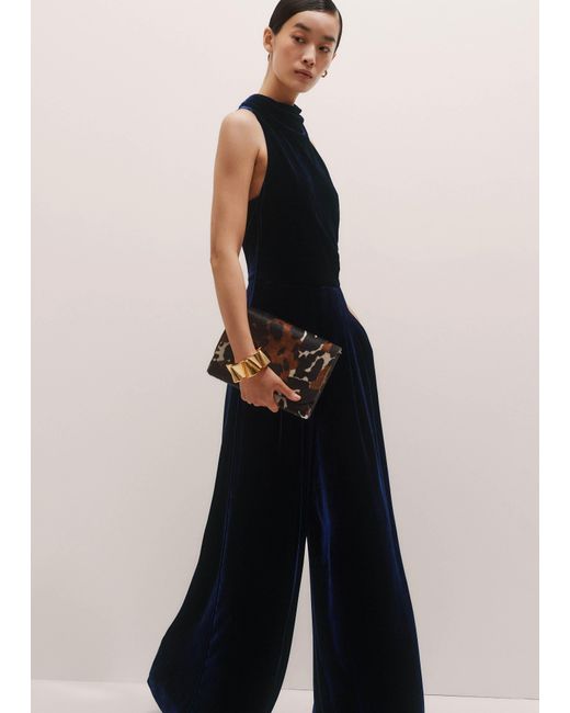 ME+EM Blue Silk Blend Velvet Dropped Neckline Jumpsuit
