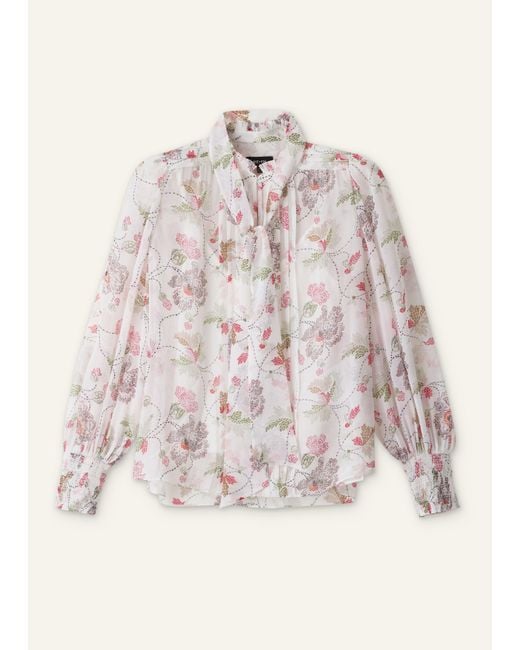 ME+EM Gray Silk Dotted Poppy Print Blouse With Cami + Tie
