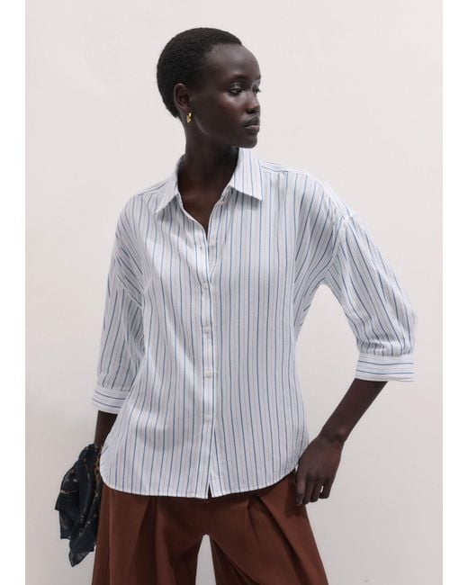 ME+EM White Boxy Three Quarter Sleeve Striped Shirt