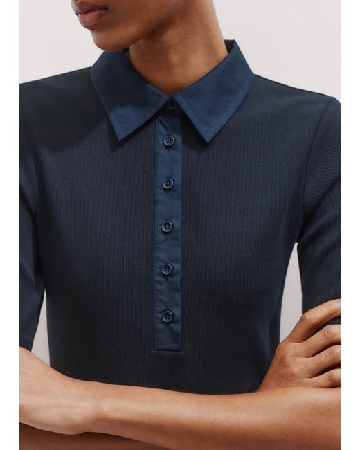 ME+EM Blue Mixed Media Shirt Collar Short Dress