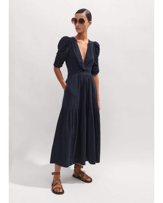 ME+EM Blue Cheesecloth Gathered Sleeve Maxi Dress