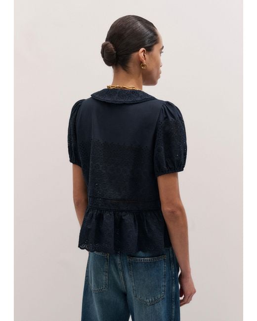 ME+EM Blue Cotton Broderie Boxy Peplum Top