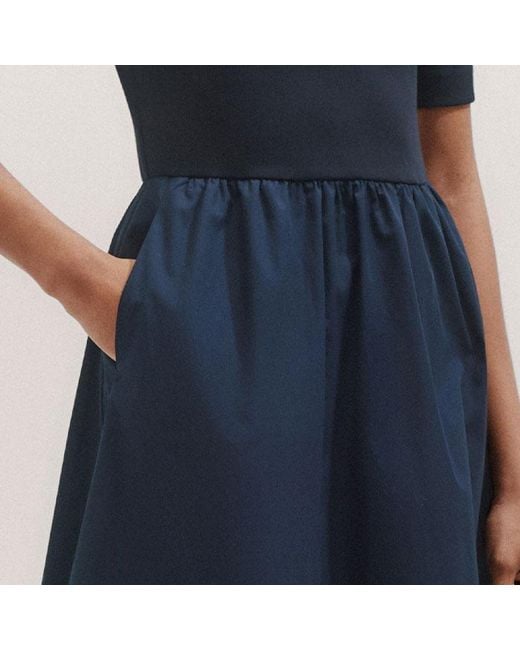 ME+EM Blue Mixed Media Shirt Collar Short Dress