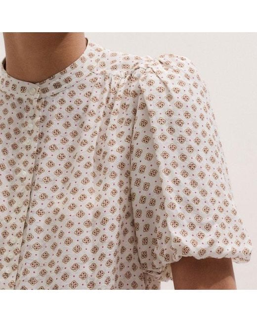 ME+EM Gray Silk Cotton Foulard Print Short Sleeve Blouse + Tie