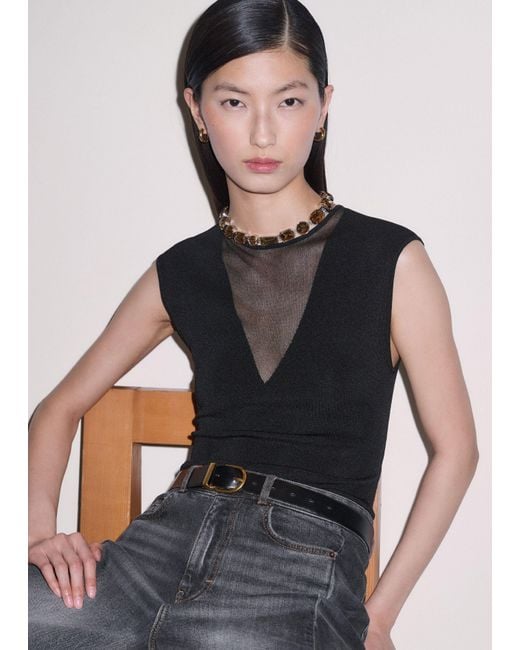 ME+EM Black Cap Sleeve Sheer Knit Bodysuit