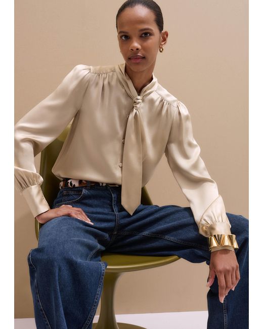 ME+EM Blue Silk Satin Tie Neck Blouse