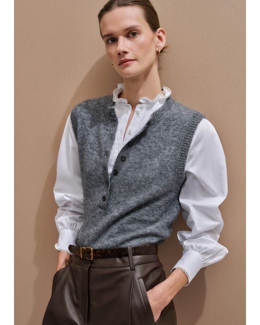 ME+EM Gray Henley Knit Vest Mid Melange