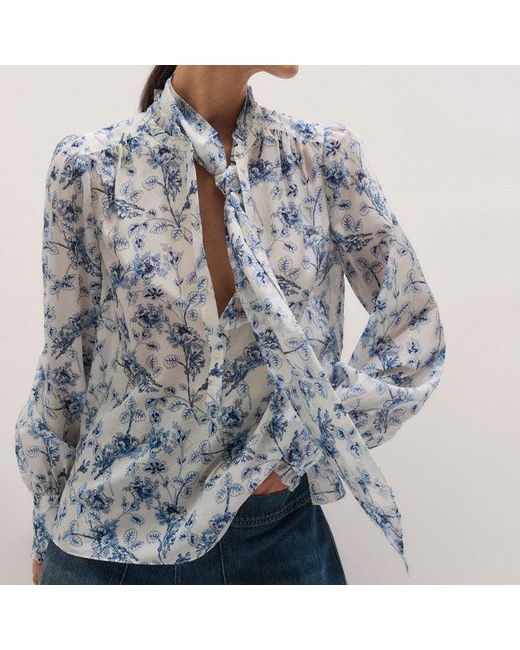 ME+EM Gray Silk Cotton Blend Floral Print Blouse + Tie