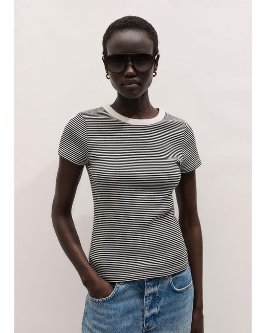 ME+EM Gray Ultimate Crew Neck Micro Stripe Tee-Light Cream
