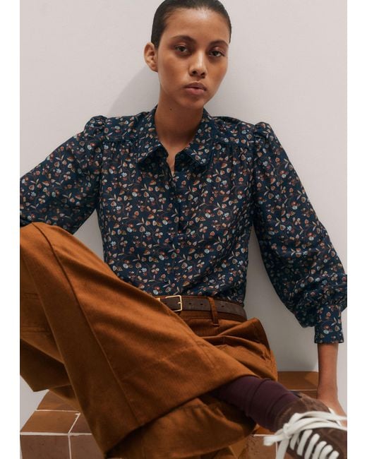 ME+EM Blue Silk Cotton Cottage Garden Print Blouse