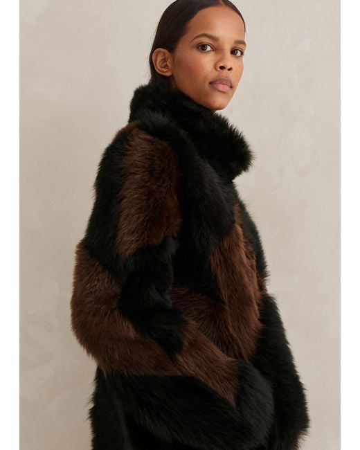 ME+EM Black Statement Shearling Patchwork Coat/Chocolate
