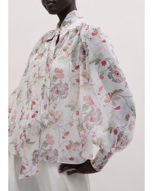 ME+EM Gray Silk Dotted Poppy Print Blouse With Cami + Tie