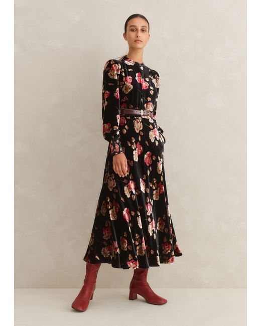 ME+EM Natural Silk-blend Velvet Tea Rose Print Midi Dress