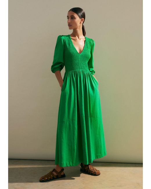 ME+EM Green Slub Cotton V-Neck Maxi Dress
