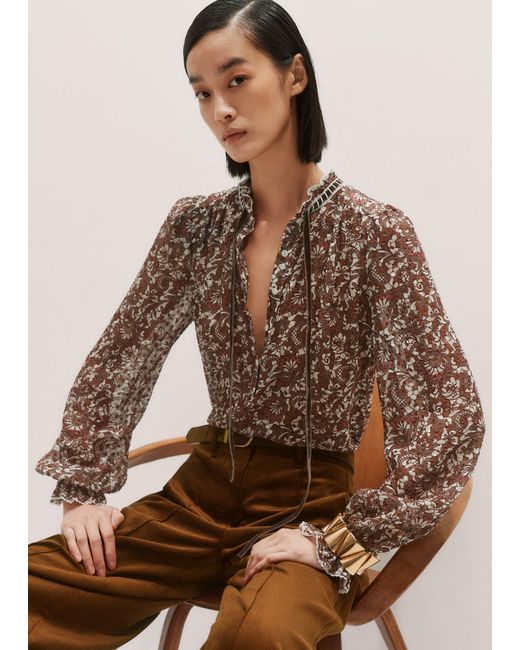 ME+EM Brown Silk Blend Graphic Lace Print Blouse