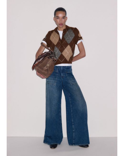 ME+EM Blue Merino Cashmere Silk Argyle Pouf Sleeve Knit Tee
