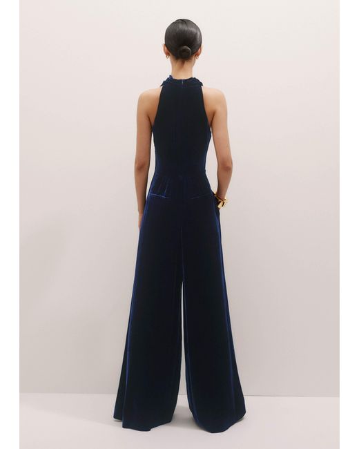 ME+EM Blue Silk Blend Velvet Dropped Neckline Jumpsuit