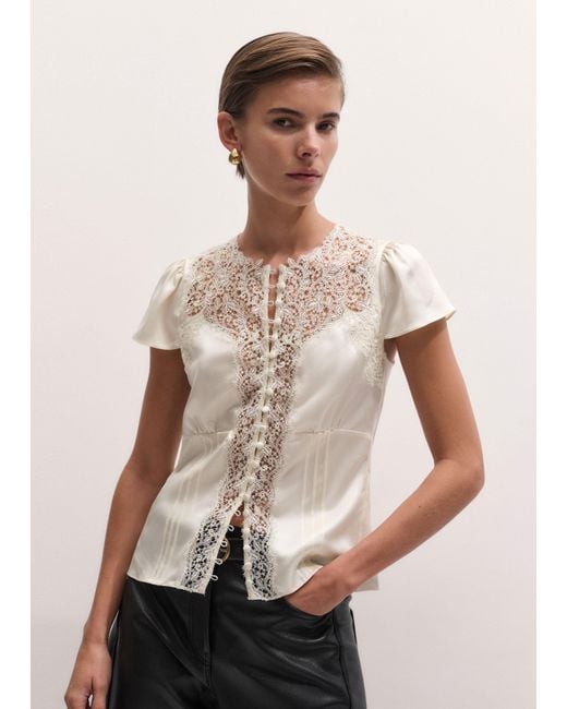 ME+EM Natural Silk Satin And Lace Cap Sleeve Top