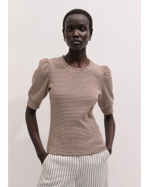 ME+EM Multicolor Striped Pouf Sleeve Tee Cinnamon-Light Cream