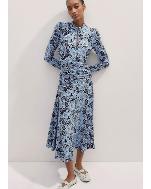 ME+EM Blue Graphic Ribbon Floral Print Midi Dress