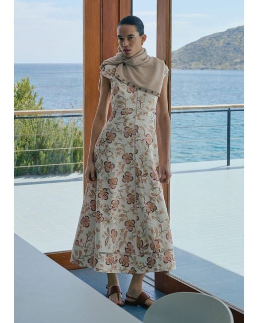 ME+EM Natural Creaseless Linen Ornate Floral Paisley Print Maxi Dress Light Cream-Multi