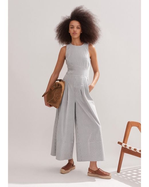 ME+EM White Cotton Seersucker Stripe Wide-Leg Jumpsuit