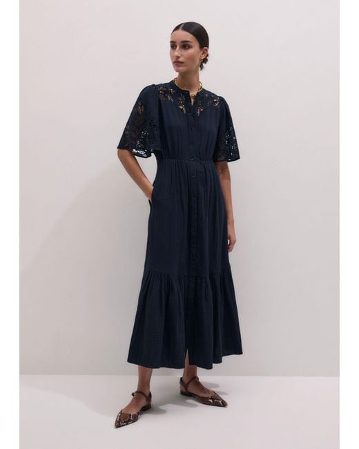 ME+EM Blue Cheesecloth Embroidered Maxi Dress + Belt