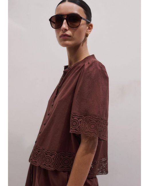 ME+EM Brown Cotton Lace Trim Cropped Top