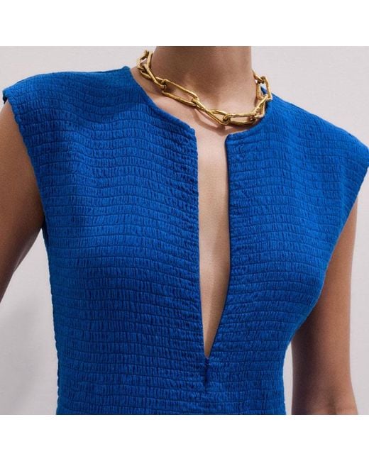 ME+EM Blue Cheesecloth Smocked Bodice Wide Leg Jumpsuit + Belt