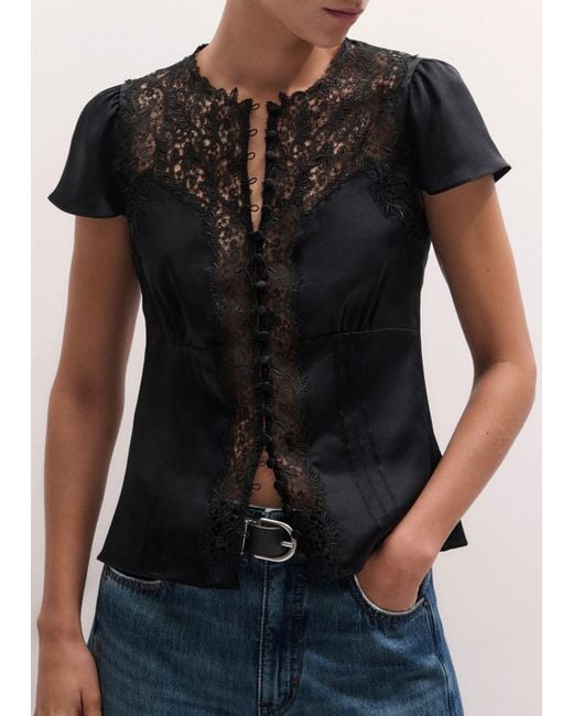 ME+EM Black Silk Satin And Lace Cap Sleeve Top