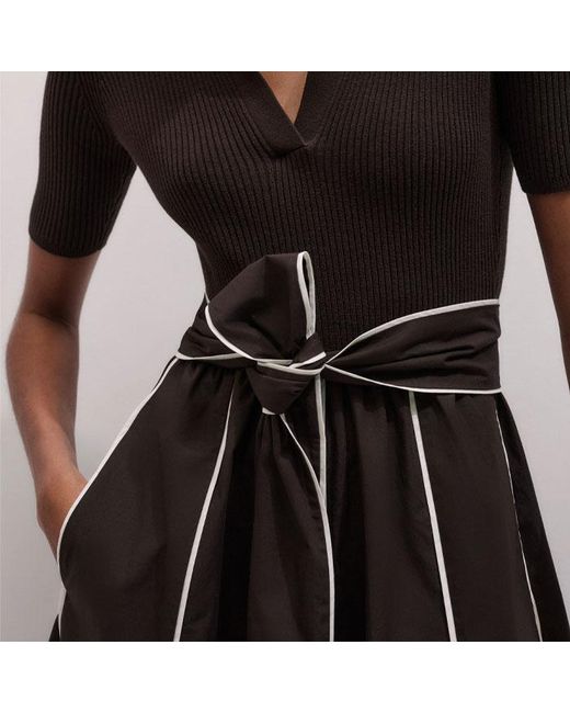 ME+EM Multicolor Mixed Media Fit And Flare Midi Dress + Belt-Light Cream